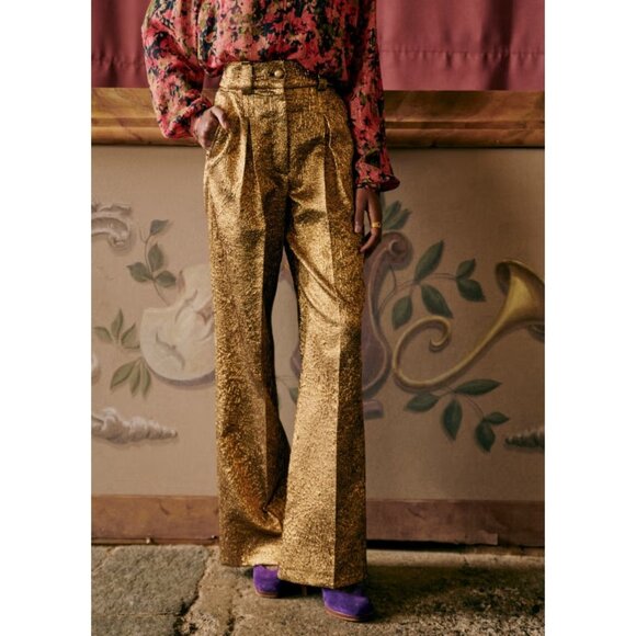 Sezane Pants - NWT Sezane Theophile Trouser in Royal Jacquard Gold Wide Leg Pants 34 / 2